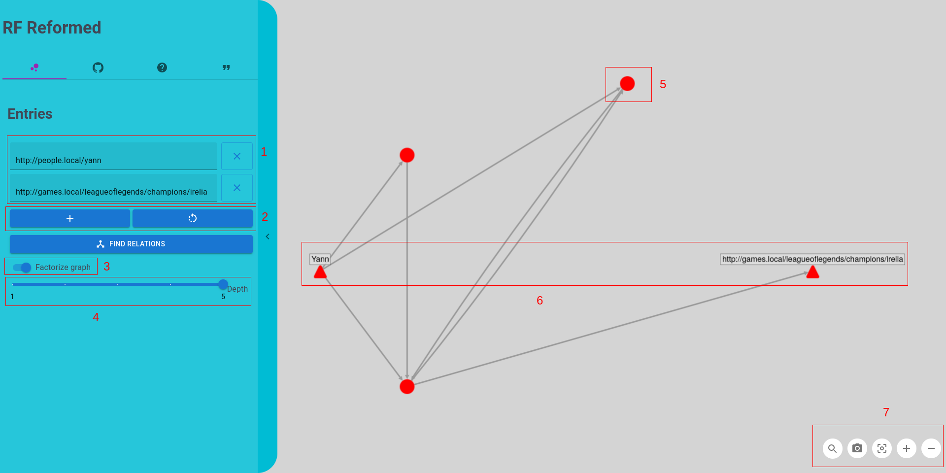 Annotated screenshot of RelFinderReformed